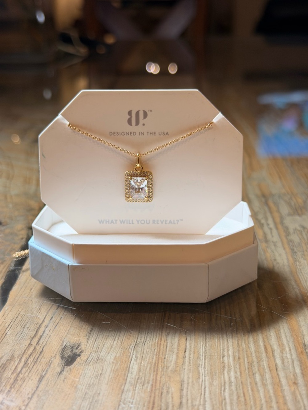 BP NWOT! Gold-Tone Square Halo Pendant Necklace with Clear Stone - Picture 4 of 5